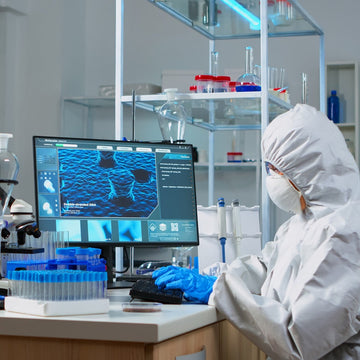Person in a lab coat and gloves working at a computer in a laboratory setting.